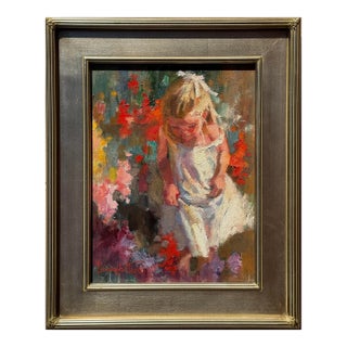 American Impressionist Painting, Bright Child in Wind "Girl With Flowers" by Corinne Hartley, Framed For Sale