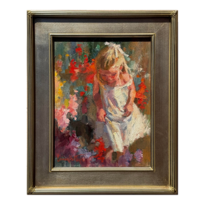 American Impressionist Painting, Bright Child in Wind "Girl With Flowers" by Corinne Hartley, Framed