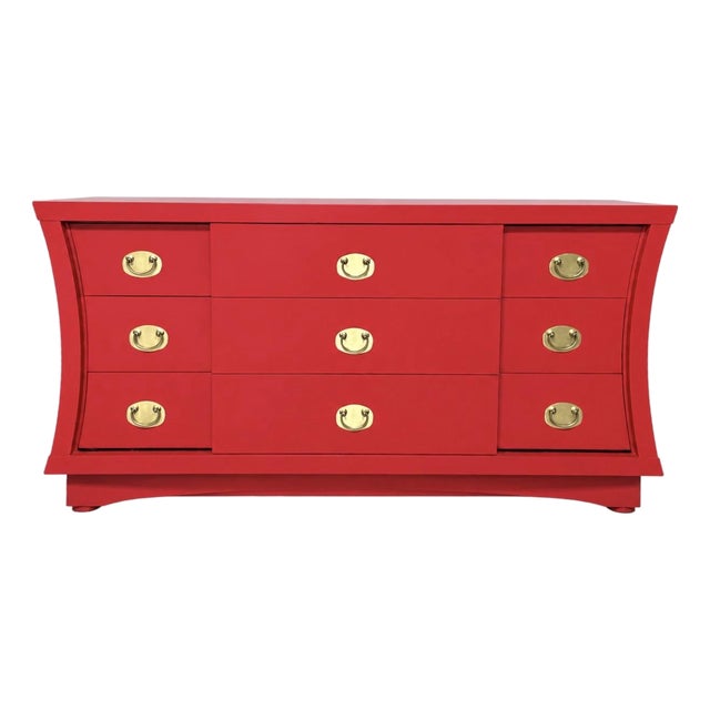 Vintage 9 Drawer Lowboy Reimagined in Scarlett For Sale