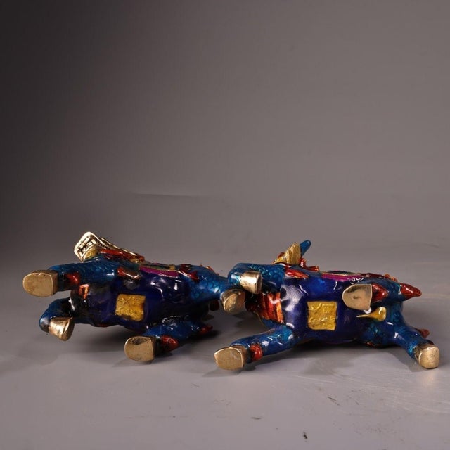 Late 19th Century Pair of Cloisonné Enamel Qilin Statues, Mythical Beast Figures, 700g Each For Sale In Los Angeles - Image 6 of 8