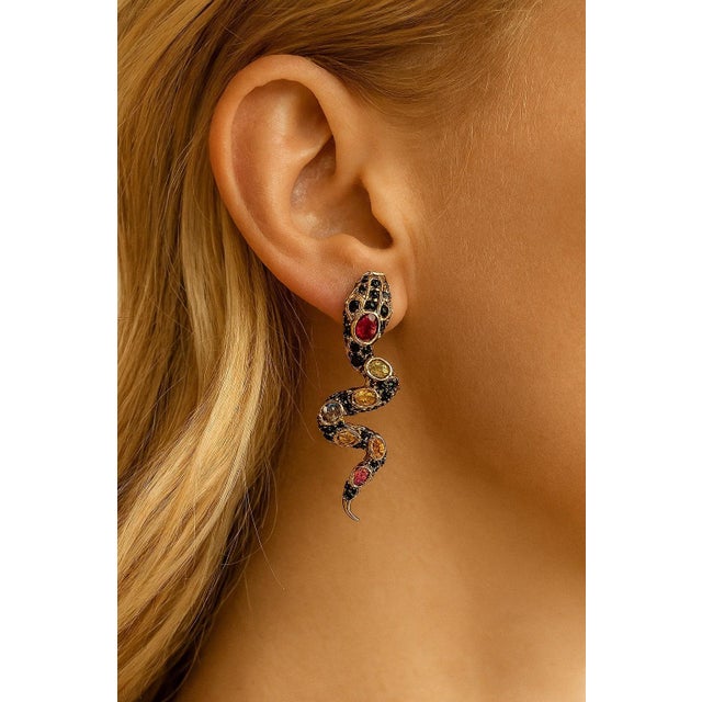Bochic “Orient” Vintage Ruby & Sapphire Serpent Earrings Set 18K Gold & Silver For Sale - Image 9 of 9