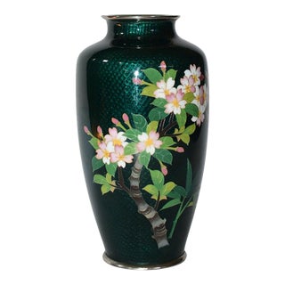 Signed Sato Japanese Ginbari Cloisonne Vase Cherry Blossom For Sale