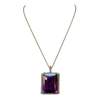 102 Ct Emerald Cut Amethyst & 5.5 Ct Diamond Pendant Necklace 14ky Gold + Chain For Sale
