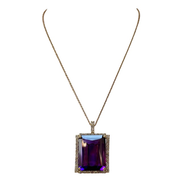 102 Ct Emerald Cut Amethyst & 5.5 Ct Diamond Pendant Necklace 14ky Gold + Chain For Sale