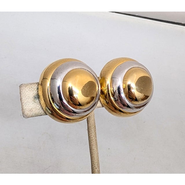 Modern Vintage 1980s Signed Lanvin Paris Goldtone & Rhodium Plated Round Domed Clip Earrings-2 Pieces For Sale - Image 3 of 7