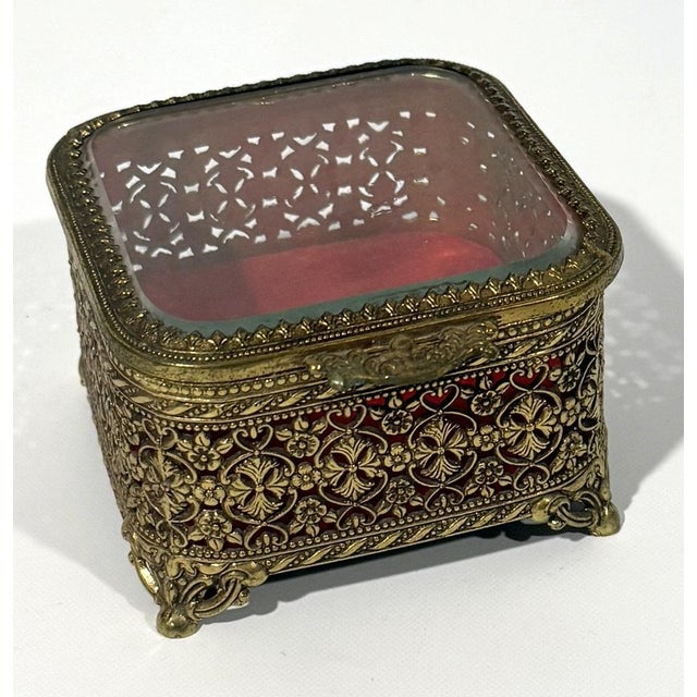 Gorgeous crystal dresser box with red velvet interior and bronze ormolu filigree