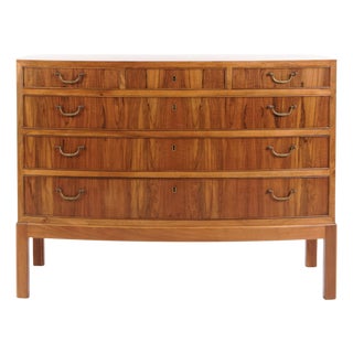 Chest of Drawers in Flamed Walnut and Brass attributed to Ole Wanscher, 1940s For Sale