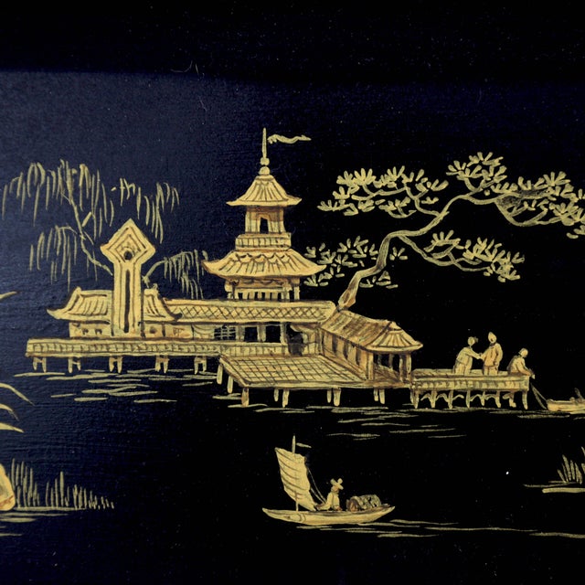 Black Hand-Painted Chinoiserie Art Deco Metal Tray For Sale - Image 10 of 12