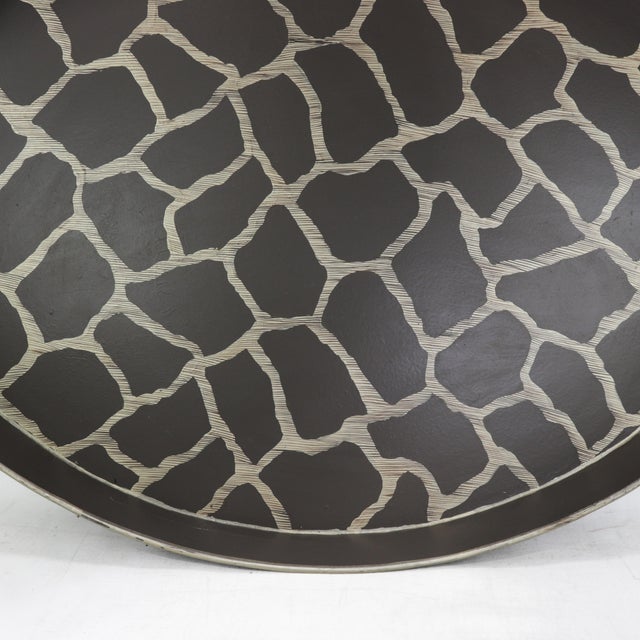 Coffee Vintage Large Oval Tole Tray - Hand Painted Brown and Cream Giraffe Animal Print Decorative Tray For Sale - Image 8 of 15