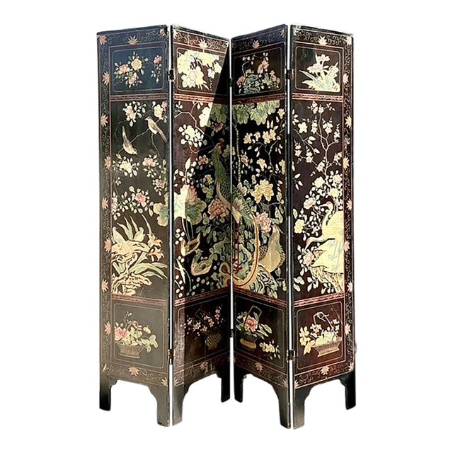 Vintage Chinoiserie Four Panel Folding Screen For Sale