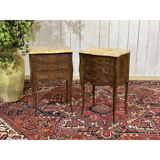 Louis XV Style Bedside Tables in Rosewood and Oak with Marble Tops, 1960s, Set of 2 For Sale - Image 12 of 12