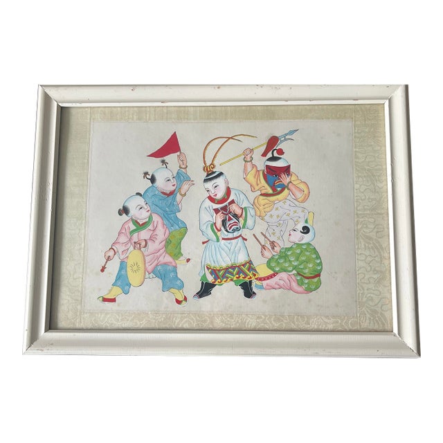 Antique Oil Painting of Chinese Children Playing Warriors - Unsigned Unknown Artist For Sale
