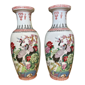 Vintage 24" Chinese Famille Rose Floor Vases - Matching Pair, Crane & Peony Motif