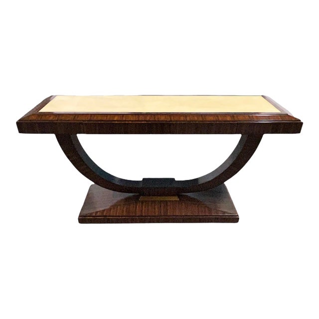 1990s Vintage Maitland Smith Mahogany Natural Finish Console with Faux Shagreen Inlay For Sale