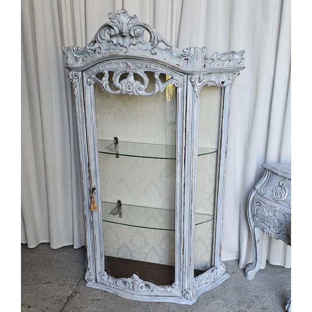 1940s Bluish Rococo Style Vitrine Cabinet For Sale - Image 16 of 18