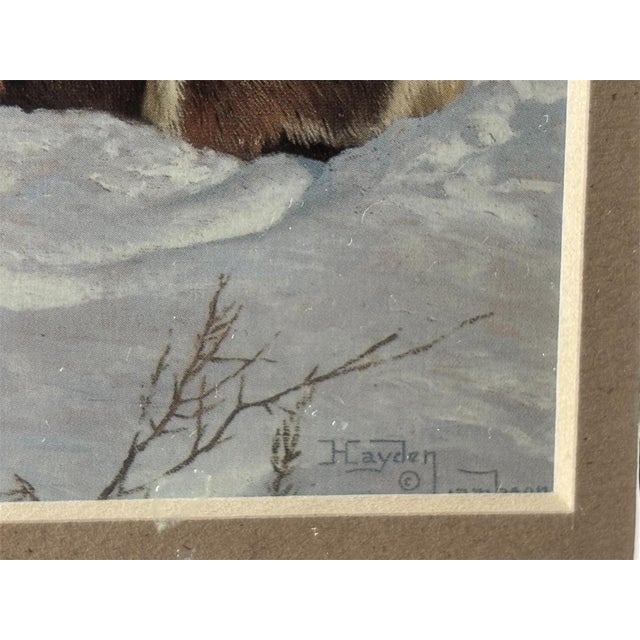 This framed mule deer print by artist Hayden Lambson, produced in 1990, features a small size of 12 inches in height and...