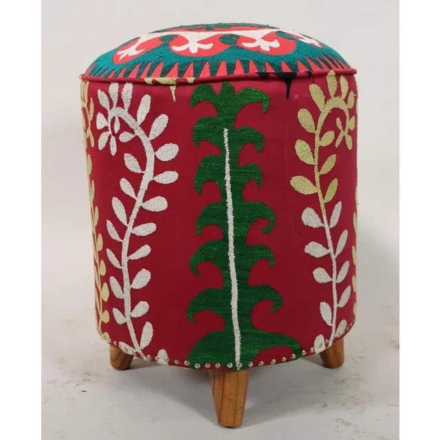 Vintage Oriental Stool with Suzani Upholstery, 1950s For Sale - Image 4 of 12