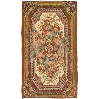 Handwoven Kilim Rug With Ornate Floral Medallion in Cream, Rose, Olive 7'7 X 13' For Sale