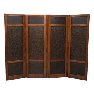 Arts and Crafts Oak Room Divider with Botanical Motifs Panels, 1890s For Sale