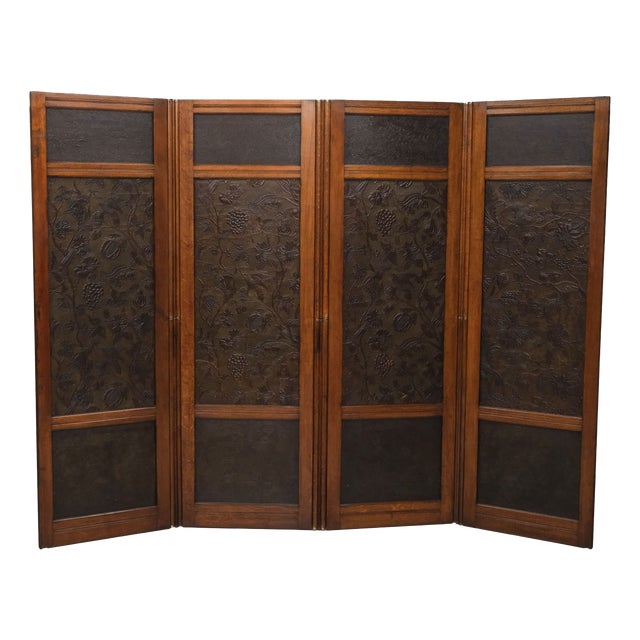 Arts and Crafts Oak Room Divider with Botanical Motifs Panels, 1890s For Sale