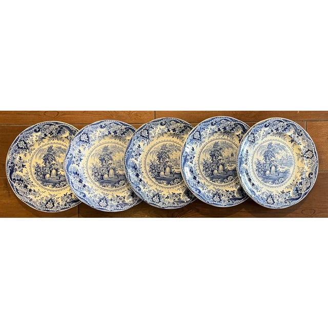 Antique 19th Century English Regency Staffordshire Blue Transferware Dinner Plates - Italian Buildings by Ralph Hall Circa 1825 - Set of 5 For Sale - Image 10 of 17