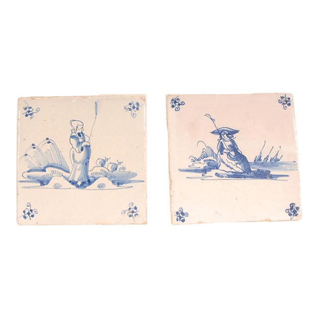 17th Century Dutch Delft Tiles Figures in Landscape Shepard Al a Pastoral Landscape - a Pair For Sale