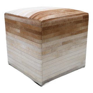 Handmade Cowhide Leather Ombre Ottoman Pouf 18x18x18 in Gradient Beige Brown For Sale