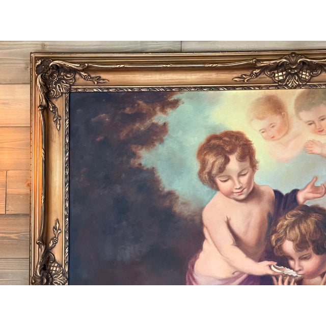 Large Vintage European Religious Oil Painting – Saint John the Baptist, Lamb & Cherubs in Ornate Gilt Frame For Sale In Charlotte - Image 6 of 17
