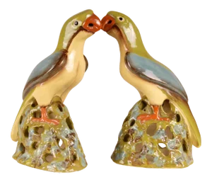 Ceramic Figures Parrots Ming Style Chinoiserie Bird Polychrome Tin Glazed Earthenware - Set of 2