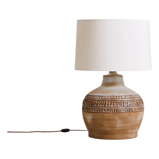 1960s French Ceramic Table Lamp in Smoky Glaze with Geometric Relief For Sale