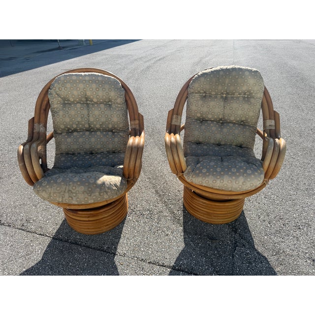 Vintage Rattan Swivel Rocker Lounge Chairs and One Ottoman Set For Sale - Image 13 of 18