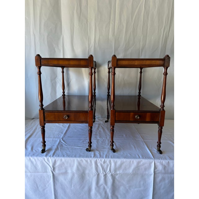 Pair of Antique English Mahogany Two-Tier Side Tables on Casters, Circa 1900 For Sale - Image 4 of 16