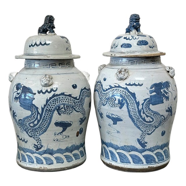 Extra Large Chinoiserie Blue and White Dancing Dragon Ginger Jars - A Pair For Sale