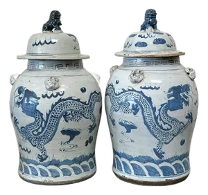 Extra Large Chinoiserie Blue and White Dancing Dragon Ginger Jars - A Pair
