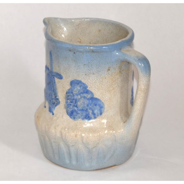 Early 20th Century Dutch Windmill Tulip Motiv Blue Beige Stoneware Pitcher For Sale In Miami - Image 6 of 12