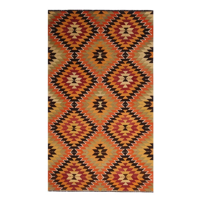 Vintage Mid-Century Mut Geometric Green Orange Wool Kilim Rug- 5′9″ × 10′ For Sale In New York - Image 6 of 6