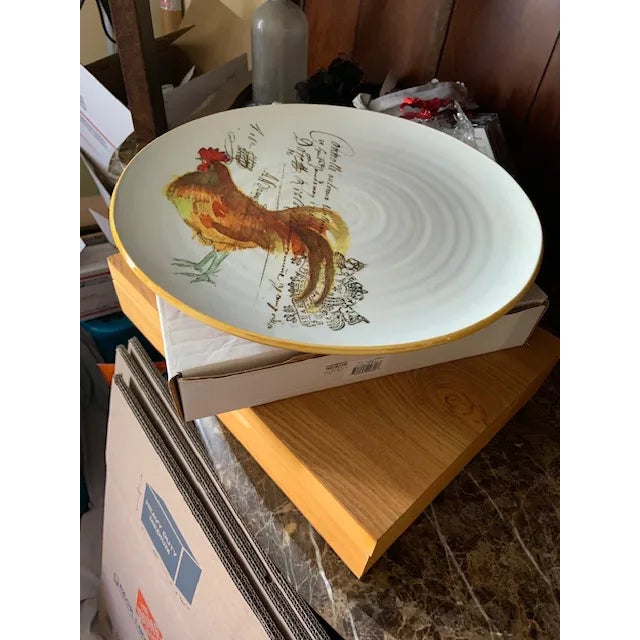 Beautiful Williams Sonoma Rooster Platter - Script writing, yellow/gold underneath 15 in Earthenware Platter Crafted in...