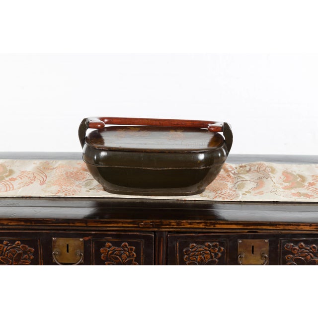 Chinese Vintage Black Lacquer Lidded Box with Hand-Painted Chinoiserie Décor For Sale - Image 10 of 12
