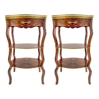 Charles Topino Style French Transitional Marquetry Design Side, End Table, Pair For Sale