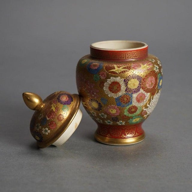 Ceramic Antique Japanese Satsuma Hand Painted Floral & Gilt Pottery Lidded Urn C1920 For Sale - Image 7 of 8