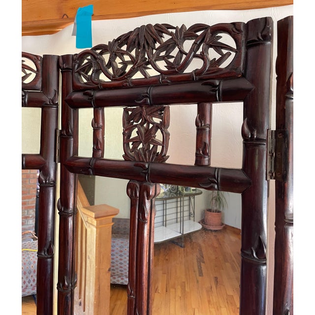 1900 - 1909 Antique Asian Mirrored Four Panel With Carved Details Folding Screen For Sale - Image 5 of 12