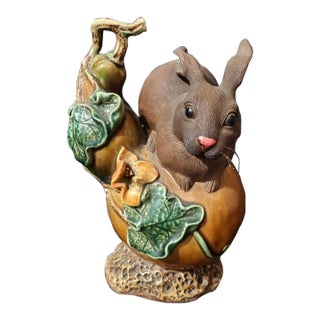Vintage Shiwan Kiln Glazed Rabbit Emerging From Gourd Statue For Sale