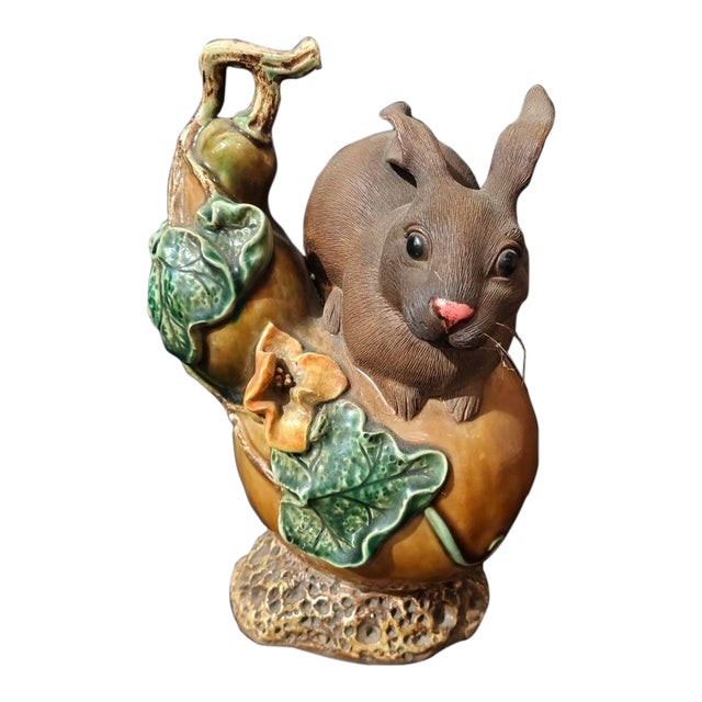 Vintage Shiwan Kiln Glazed Rabbit Emerging From Gourd Statue For Sale