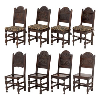 Set of Eight Jacobean Carved Oak Dining Chairs For Sale