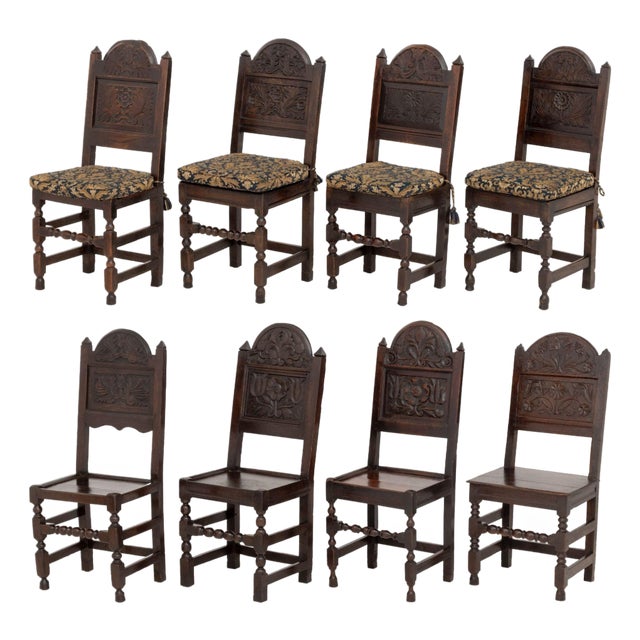 Set of Eight Jacobean Carved Oak Dining Chairs For Sale