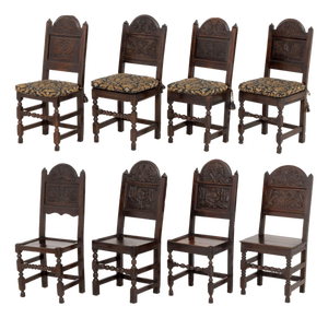 Set of Eight Jacobean Carved Oak Dining Chairs