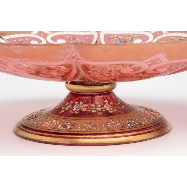 Exceptional late 19th-century Bohemian art glass footed compote by Moser, richly decorated in polychrome enamel and...