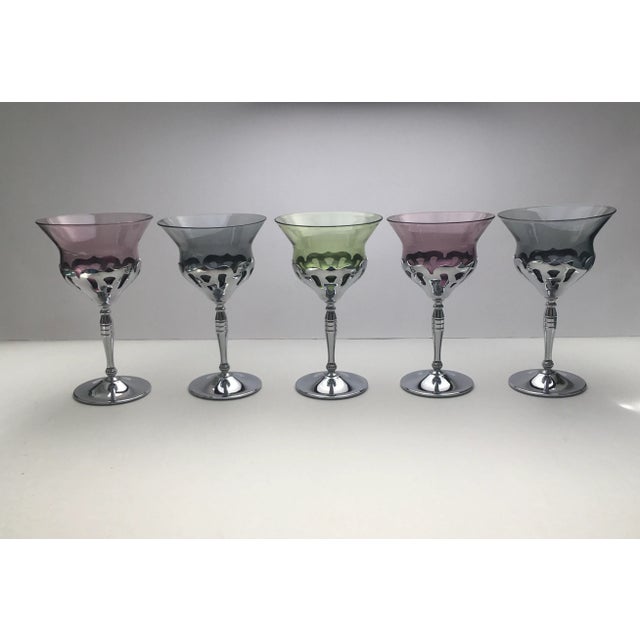 Vintage Multicolored Chrome Scrollwork Wine Glasses- Set of 5 For Sale - Image 13 of 13