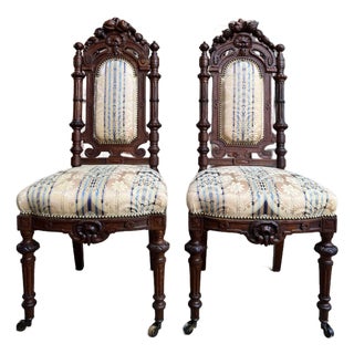 Pair Antique French Dining Chairs Renaissance Carved Oak Black Forest C1880 For Sale