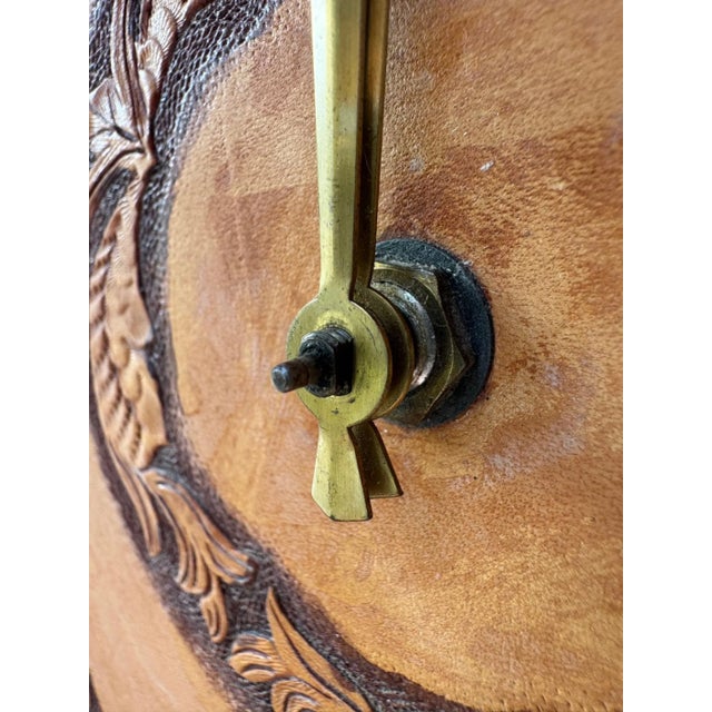 1960's Hexagon Wood & Tooled Leather Wall Clocks – Working Pair For Sale - Image 12 of 14